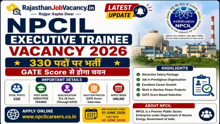 NPCIL Executive Trainee Vacancy 2026: 330 पदों पर भर्ती, GATE Score से होगा चयन | Rajasthan Job Vacancy